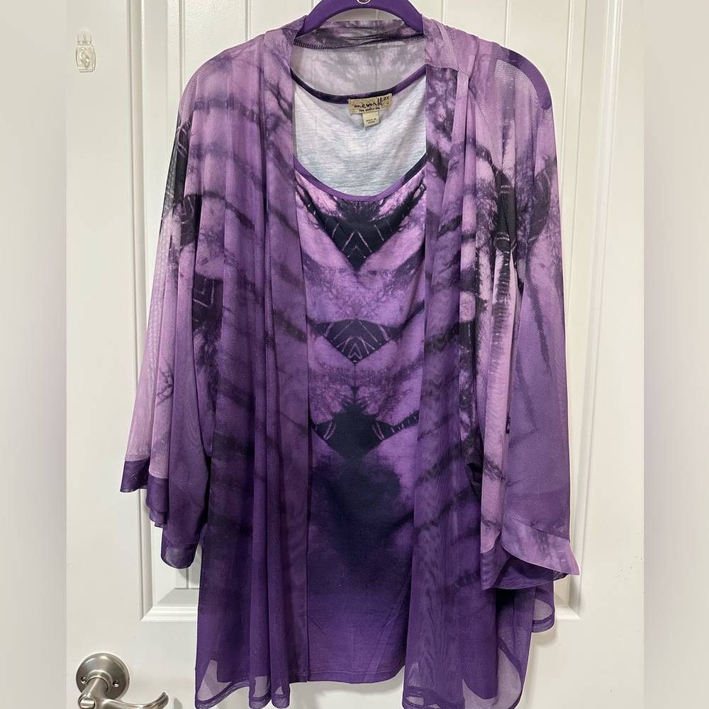 One World Purple Tie-Dye Sheer Kimono and Tank Set